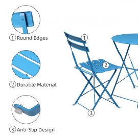 [US-W]Iron Folding Three-Piece Set 2 Chairs 1 Table Blue