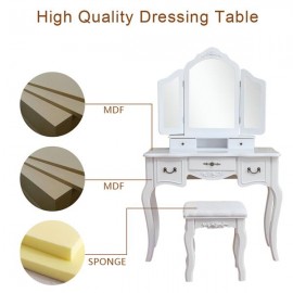 [US-W]Tri-fold Mirror Dresser with Dressing Stool White