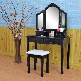 Tri-fold Mirror Dresser with Dressing Stool Black