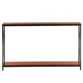 [US-W]Triamine Board Cross Iron Frame Porch Table Sofa Side Table Reddish Brown Wood Grain