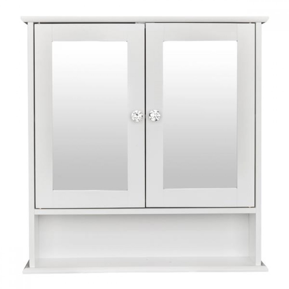 [US-W]Double Door Mirror Indoor Bathroom Wall Mounted Cabinet Shelf White